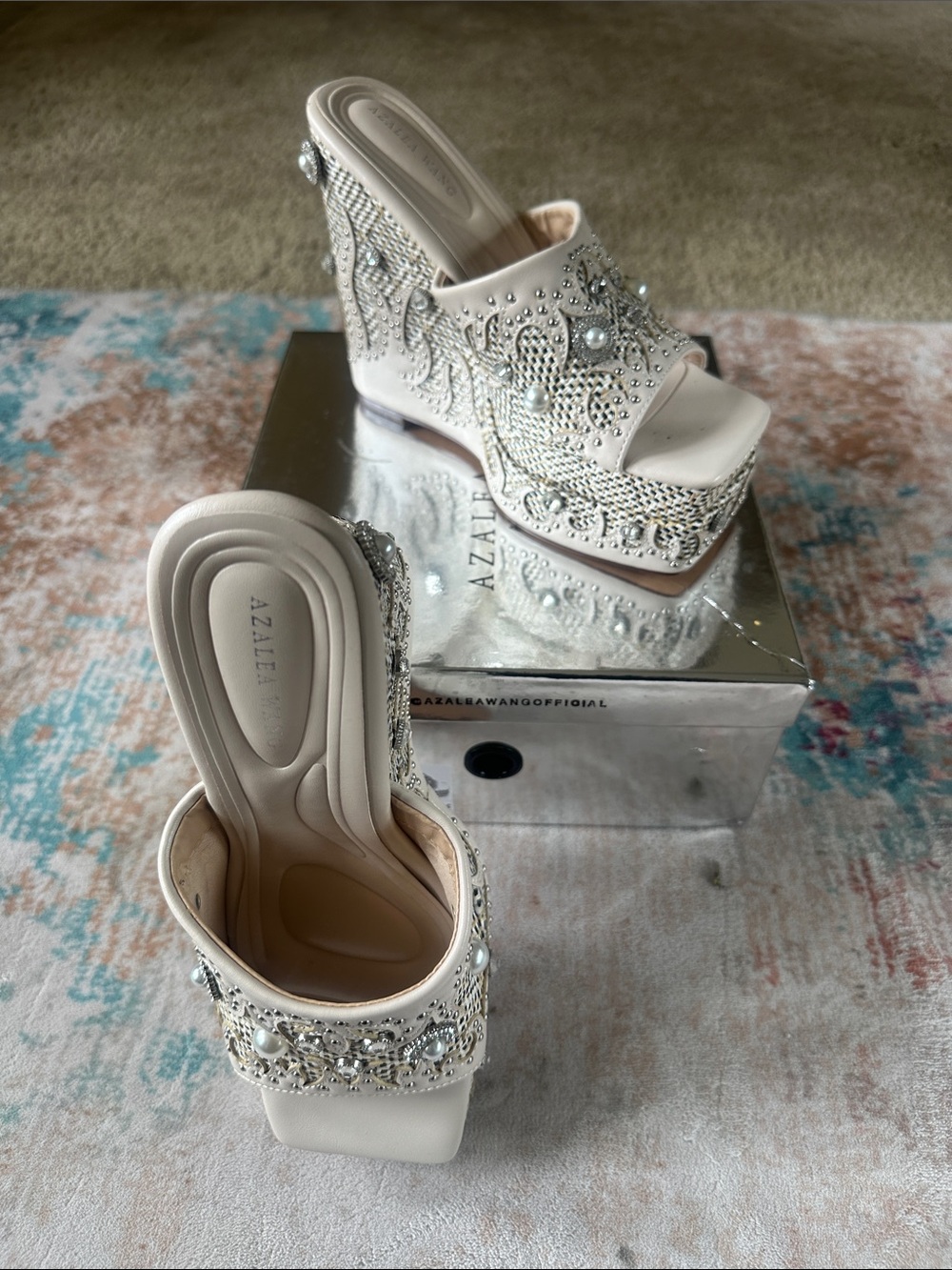 Azalea Wang Ivory Crystal Embellished Platform Wedge Mules